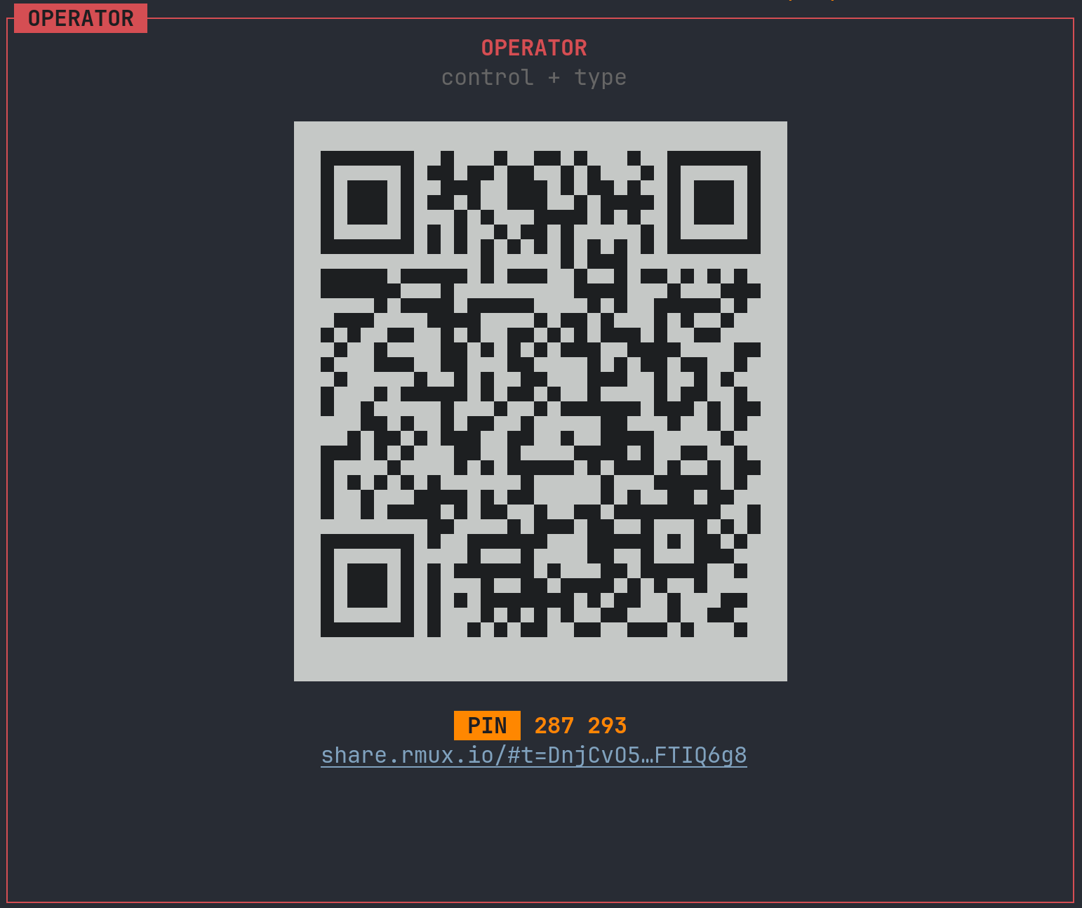 rmux terminal output showing an operator QR code, pairing PIN, and share link